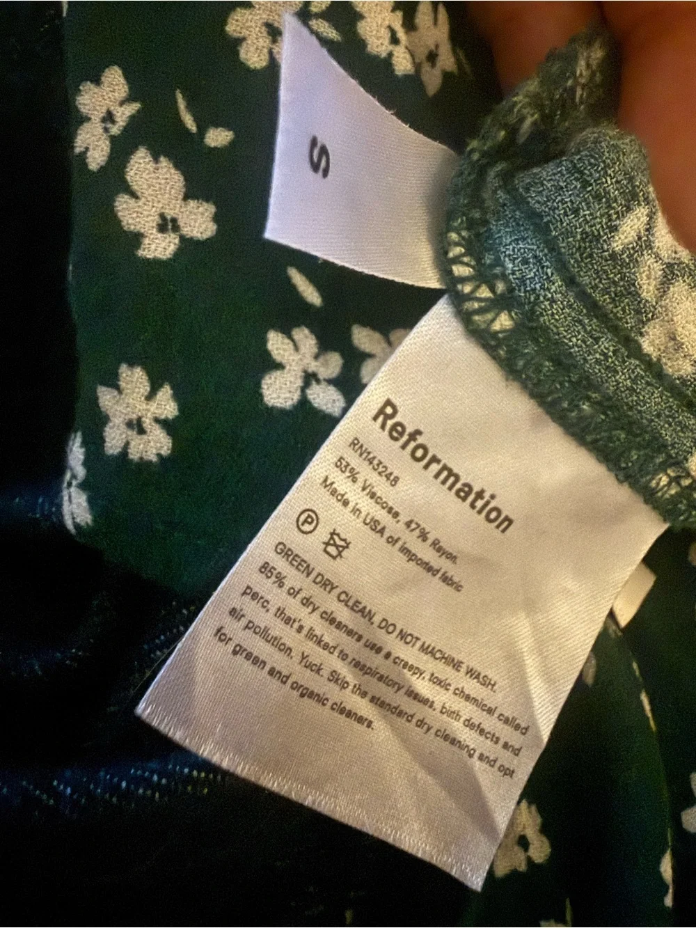 Reformation Forest Green Floral V-Neck Long Sleeve Top